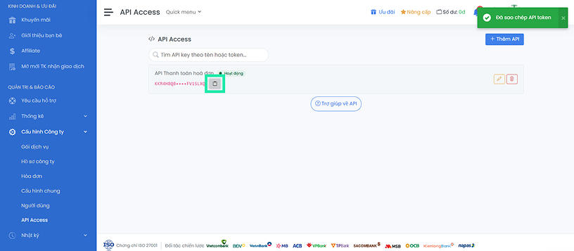 Sao chép API Token