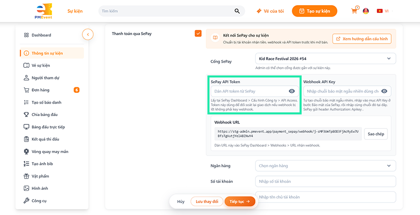 Dán API Token vào PM Event