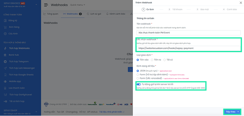 Cấu hình Webhook URL